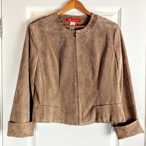 Anne Klein Tan Grey Print Suede Leather Full Zip Jacket - Picture 1 of 4